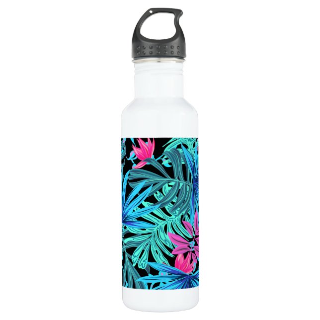 Neon Pink and Blue Tropical Plant Pattern Edelstahlflasche (Vorderseite)