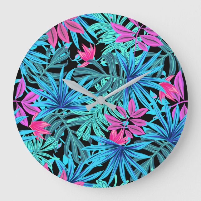 Neon Pink and Blue Tropical Plant Pattern Große Wanduhr (Vorderseite)