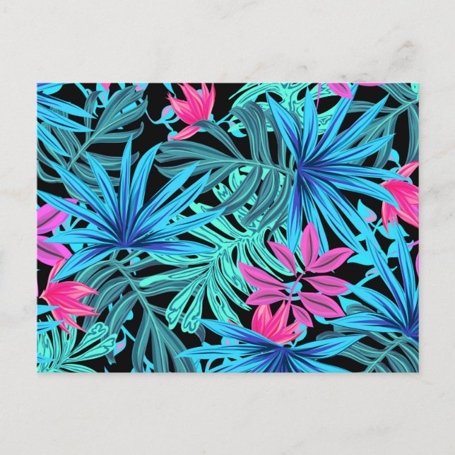 Neon Pink and Blue Tropical Plant Pattern Postkarte (Vorderseite)