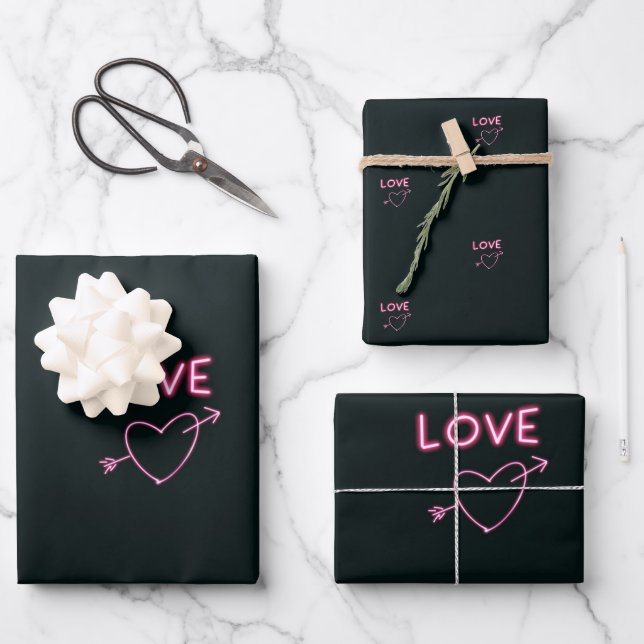 Neon Pink auf Schwarzen LIEBEN Herzen Geschenkpapier Set (Vorderseite)