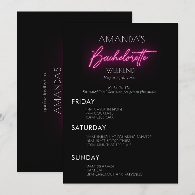 Neon Pink Bachelorette Weekend Tour Einladung (Vorne/Hinten)