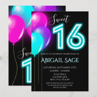 Neon Pink, Blau, Lila 16 . Geburtstag Balloons Einladung