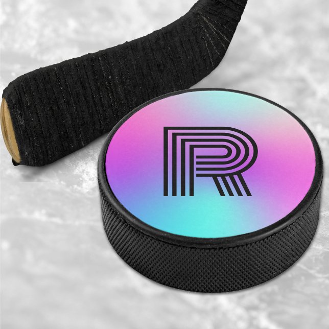 Neon Pink Blue & Lila Ombre Monogram Eishockey Puck (Neon Pink Blue & Purple Ombre Monogram Hockey Puck)