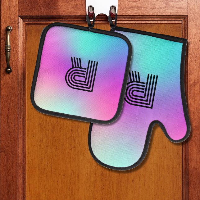 Neon Pink Blue & Lila Ombre Monogram Ofenhandschuh & Topflappen-Set (Neon Pink Blue & Purple Ombre Monogram Oven Mitt & Pot Holder Set
)