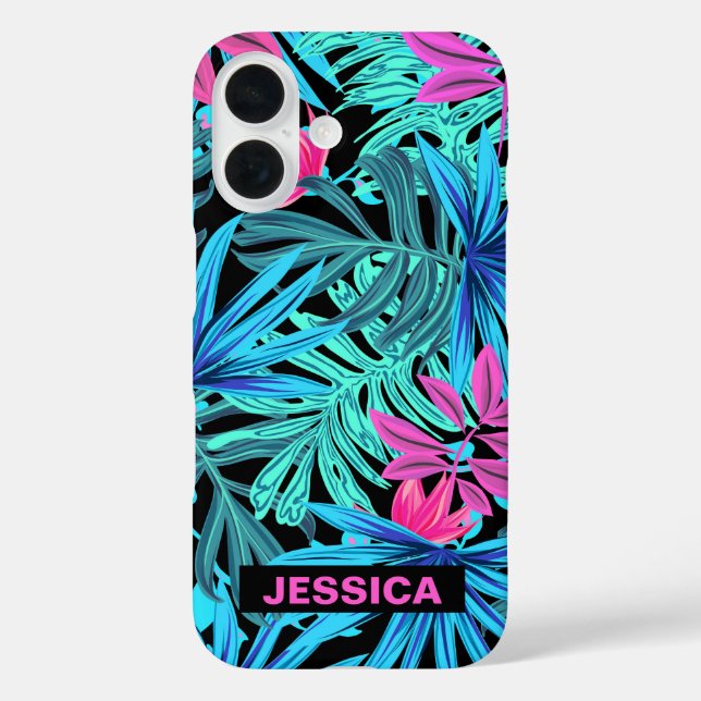 Neon Pink Blue Tropical Plant Pattern Personalised iPhone 16 Hülle (Rückseite)