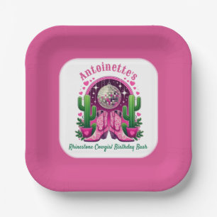 Neon Pink Cowgirl Boots & Disco Ball Bachelorette Pappteller