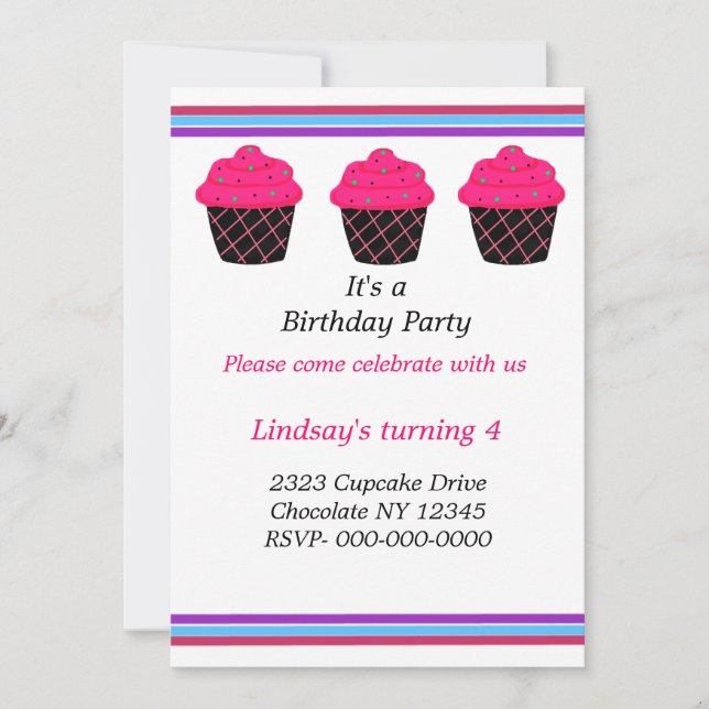 Neon Pink Cupcakes Invitation de fête d'anniversai (Devant)