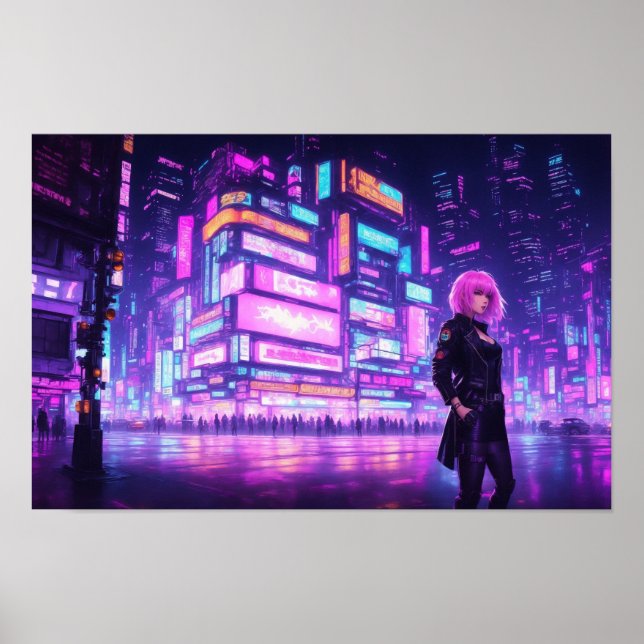 Neon Pink Cyberpunk City Poster (Vorne)