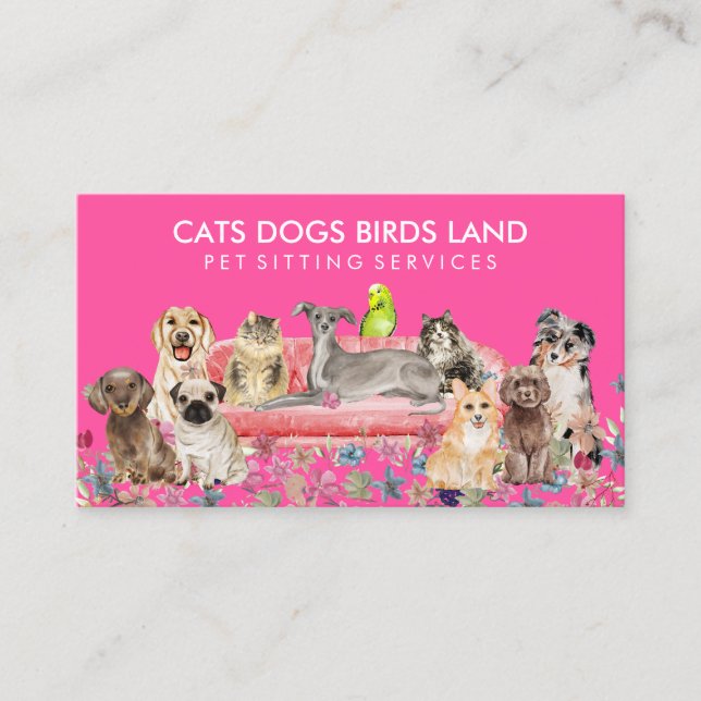 Neon Pink Dog Cat Bird Hotel Sofa Sitzplatz Visitenkarte (Vorderseite)