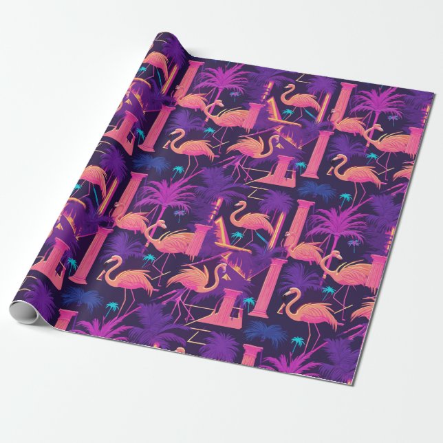 Neon Pink Flamingo Palm Trees Vaporwave Ästhetisch Geschenkpapier (Ungerollt)