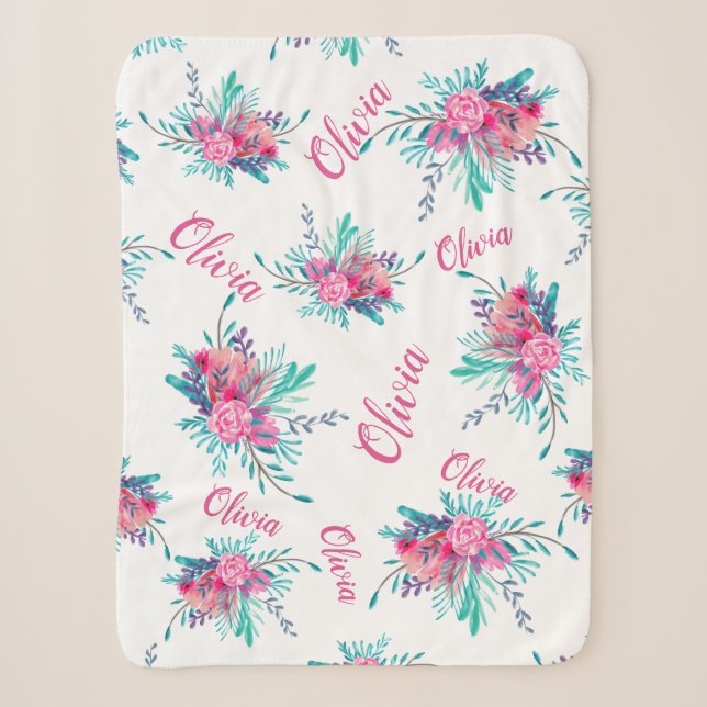Neon pink floral Aquarell Baby Name Skript Sherpadecke (Vorderseite)
