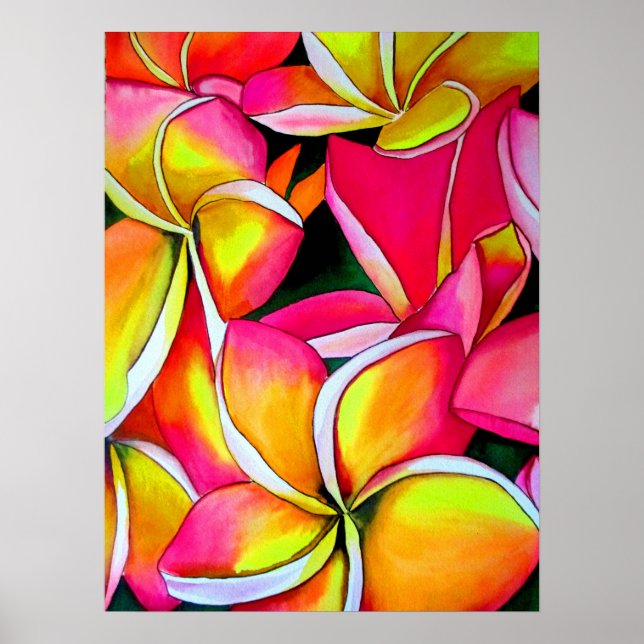 Neon Pink Frangipani Plumeria Aquarellkunst Poster (Vorne)