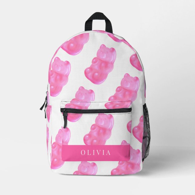 Neon Pink Gummy Bärenmuster Bedruckter Rucksack (Vorderseite)