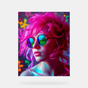 Neon Pink-haarige Frau mit Spiegelbrille - m Acrylschild