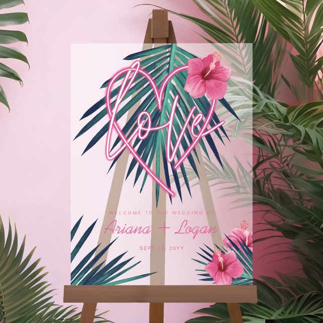 Neon Pink Heart Liebe Tropical Floral Palm Hochzei Acrylschild (Neon Pink Heart Love Tropical Floral Palm Wedding Acrylic Sign)