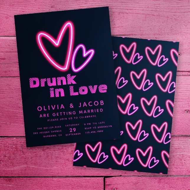 Neon Pink Hearts Betrunken in Liebe Polterabend Einladung (Von Creator hochgeladen)