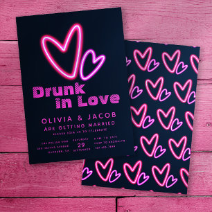 Neon Pink Hearts Drunk in Love Wedding Shower Einladung