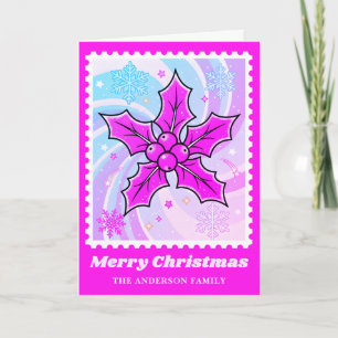 Neon Pink Holly & Berries Weihnachtspost Briefmark Feiertagskarte