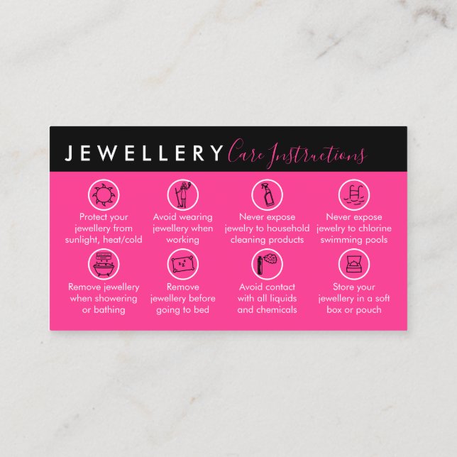 Neon Pink Jewelry Aftercare Instructions Visitenkarte (Rückseite)