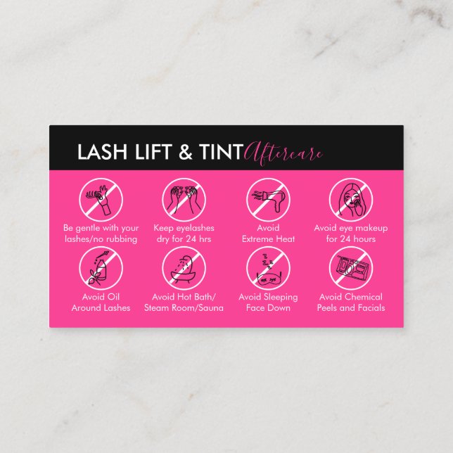 Neon Pink Lash Lift Tint Aftercare Instruktion Visitenkarte (Rückseite)