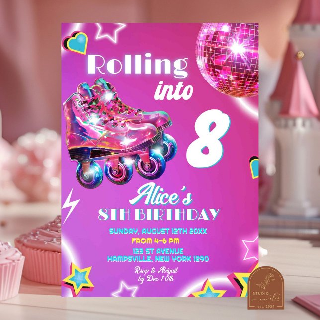 Neon Pink Lila Girl Skate Diskothek Ball Geburtsta Einladung (Von Creator hochgeladen)