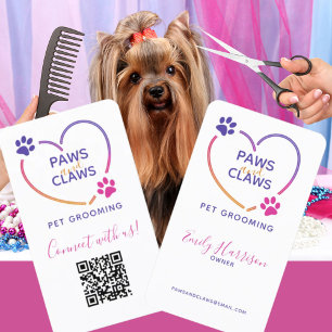 Neon Pink Lila Pet Grooming QR Code Visitenkarte