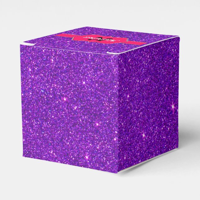 Neon-Pink-Monogramm auf Lila Glitzer Geschenkschachtel (Vorderseite)