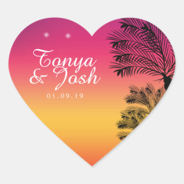 Neon Pink Ombre Tropical Tree Sunset Beach Herz-Aufkleber
