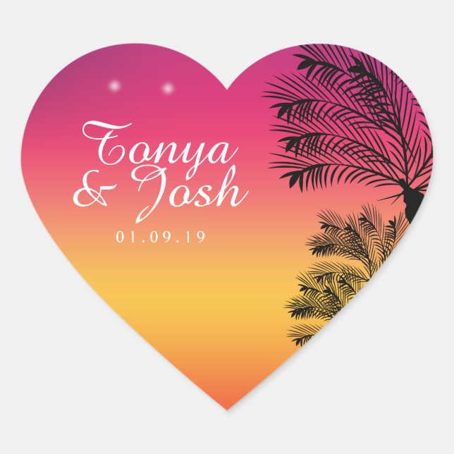 Neon Pink Ombre Tropical Tree Sunset Beach Herz-Aufkleber (Vorderseite)