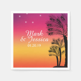 Neon Pink Ombre Tropical Tree Sunset Beach Serviette