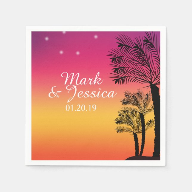 Neon Pink Ombre Tropical Tree Sunset Beach Serviette (Vorderseite)