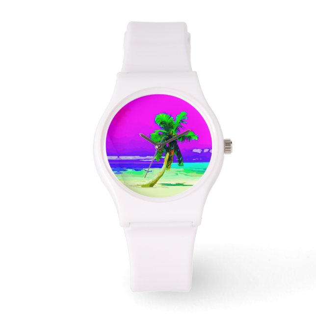Neon Pink Palm Tree Paradise Armbanduhr (Vorderseite)