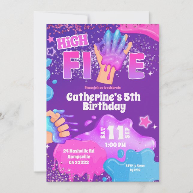 Neon Pink Purple Slime High Five Birthday Invitati Einladung (Vorderseite)