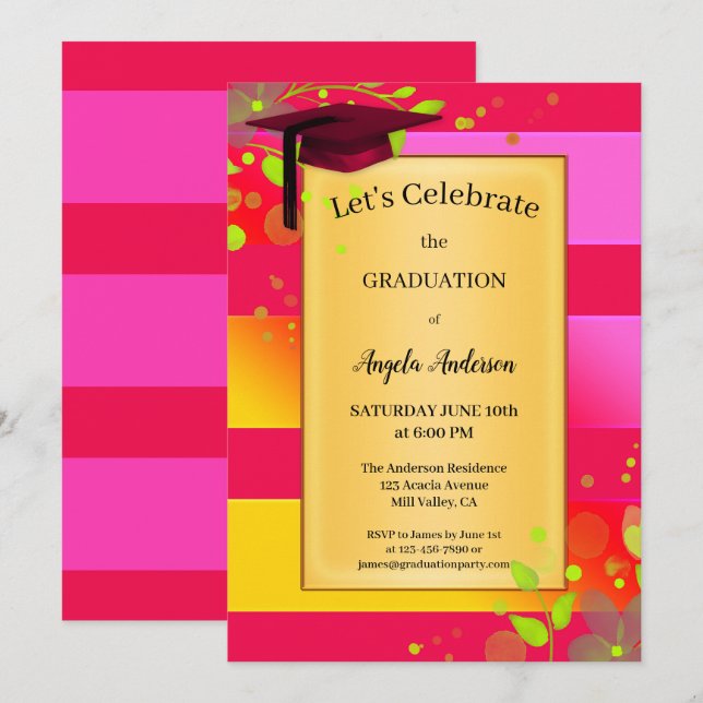 Neon Pink Red Floral Abschluss Einladung (Vorne/Hinten)