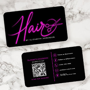 Neon-Pink Retro-Script-Friseurstylist- QR-Code Visitenkarte