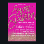 Neon Pink Rose Gold Glitzer Typografie Sweet 16 Einladung<br><div class="desc">Dieses moderne und mädchenhafte Sweet 16 lädt das elegante und trendige Geburtstagsmädchen zum Entspannen ein. Es zeichnet sich durch ein hübsches und glamouröses Imitat gedruckt Rose goldfunkel Glitzer Sequin und neon pink ombre Farbverlauf. Es zeigt auch Rose Gold funkelnd Glitzer, "16 . Geburtstag" Pinseltypografie. Das elegante und stilvolle Design-Thema wird...</div>