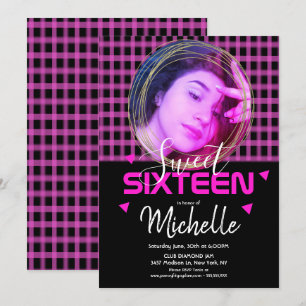 Neon-Pink-Sweet-Sixteen-Goldring-Fotogitter Einladung
