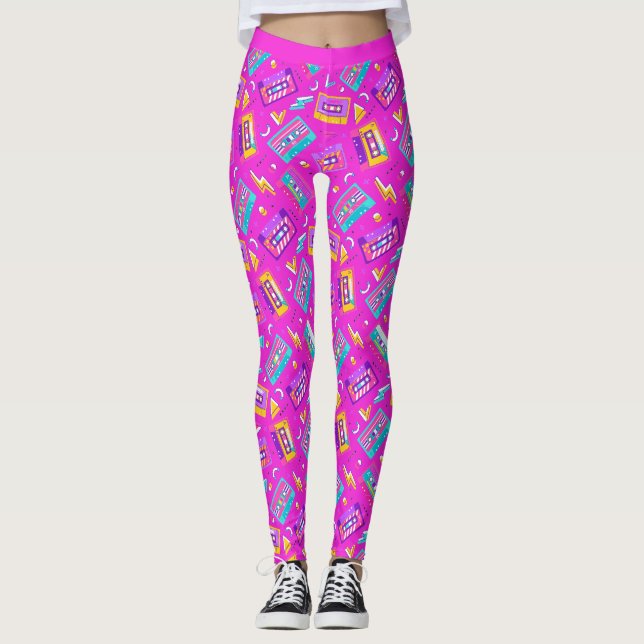 Neon Pink Trendy 80er Cassette Music Leggings (Vorderseite)