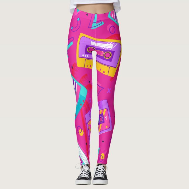 Neon Pink Trendy 80er Cassette Music Leggings (Vorderseite)