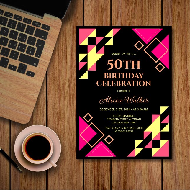 Neon Pink Triangle Geometric Black Birthday Einladung (Von Creator hochgeladen)