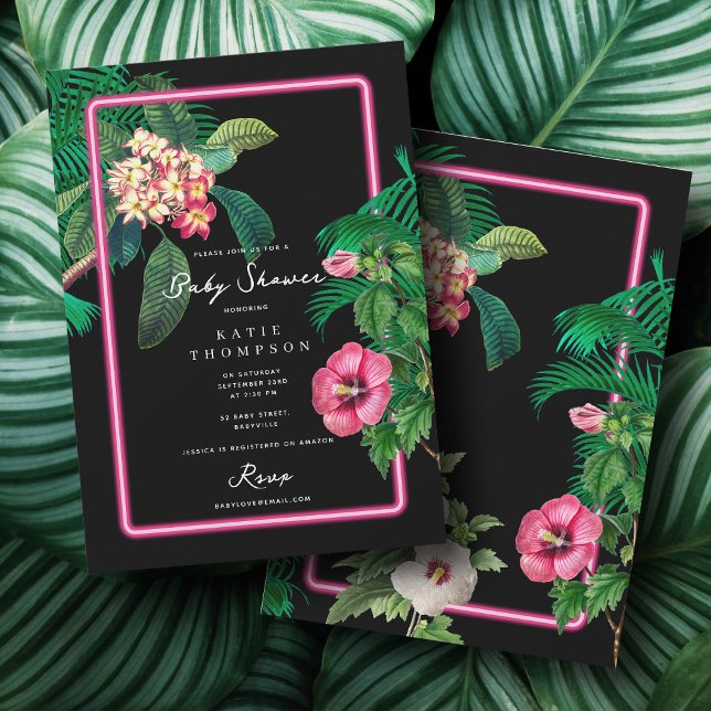 Neon Pink Tropical Botanicals Baby Shower Einladung (Neon Pink Tropical Botanicals Baby Shower Invitation)