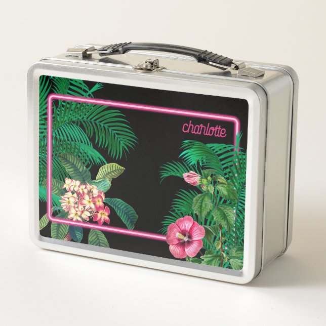 Neon Pink Tropical Botanicals Monogramm Metall Brotdose (Vorderseite)