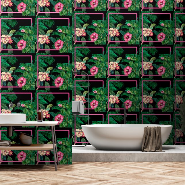 Neon Pink Tropical Botanicals Tapete (Badezimmer)