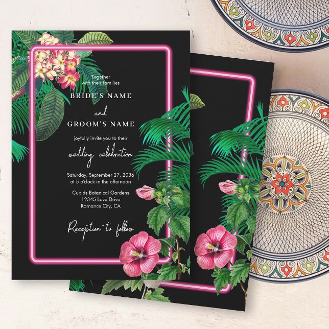 Neon Pink Tropical Retro Botanicals Hochzeit Einladung (Neon Pink Tropical Retro Botanicals Wedding Invitation)