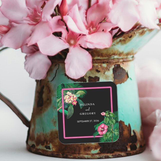 Neon Pink Tropical Retro Botanicals Hochzeit Quadratischer Aufkleber (Neon Pink Tropical Retro Botanicals Wedding Square Sticker)