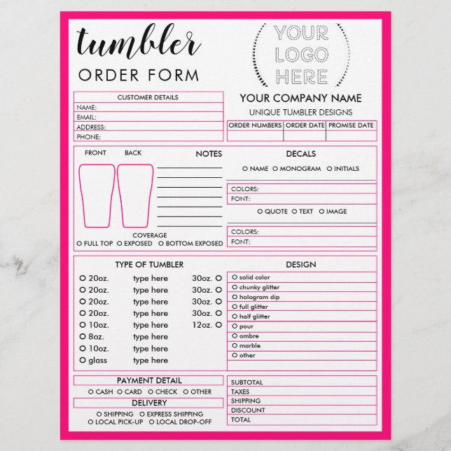 Neon Pink Tumbler Tasse Cup Bestellformular Flyer (Vorne)