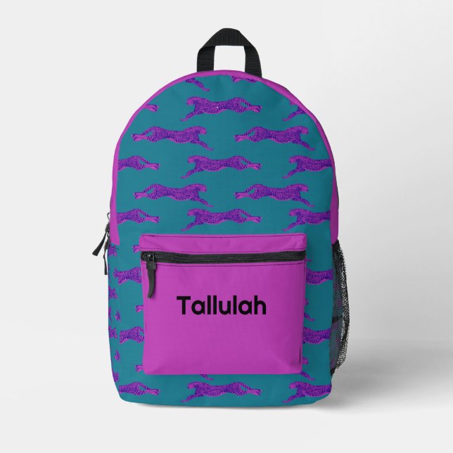 Neon Pink & Türkis Cheetah Personalisiert Name Bedruckter Rucksack (Vorderseite)