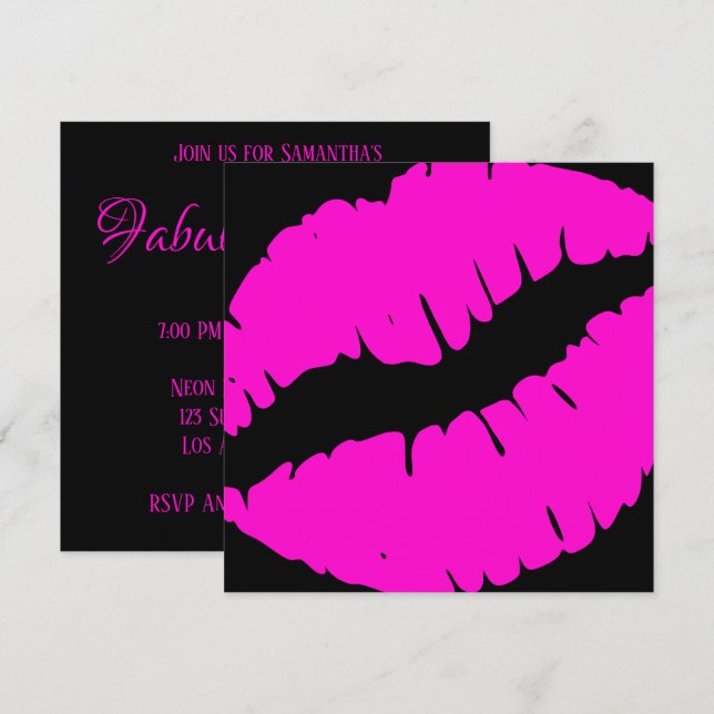 Neon Pink und Black Kiss Print Fabuly und 40 Einladung (Vorne/Hinten)