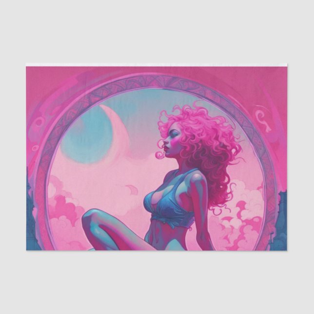 Neon Pink und Blue Sinnlich Curly Hair Frau Seidenpapier (Vorderseite)