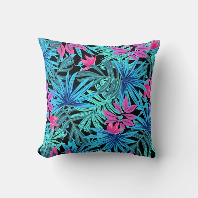 Neon Pink und Blue Tropical Pflanze Muster Kissen (Vorderseite)